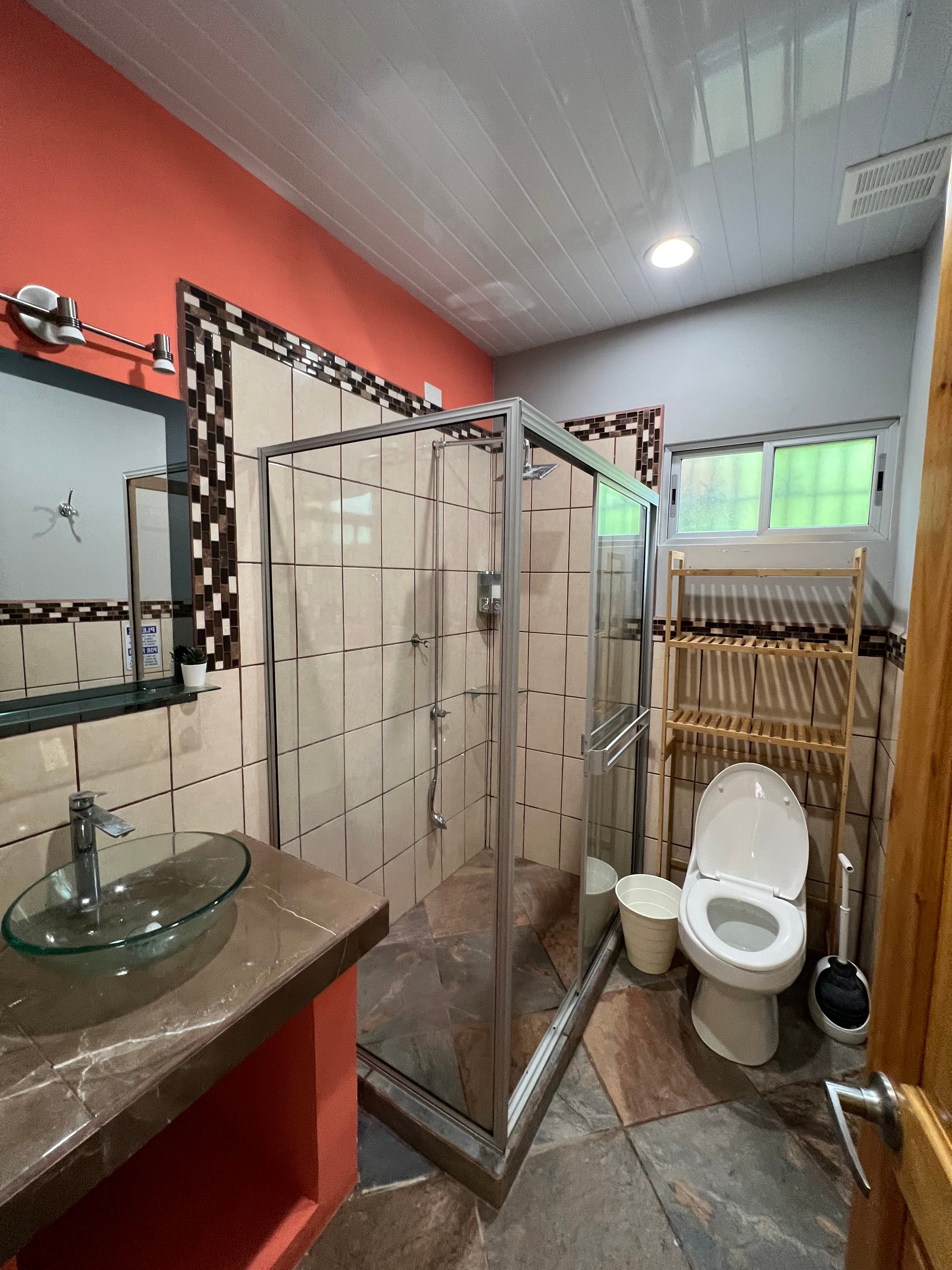 The downstairs bathroom with its glass shower